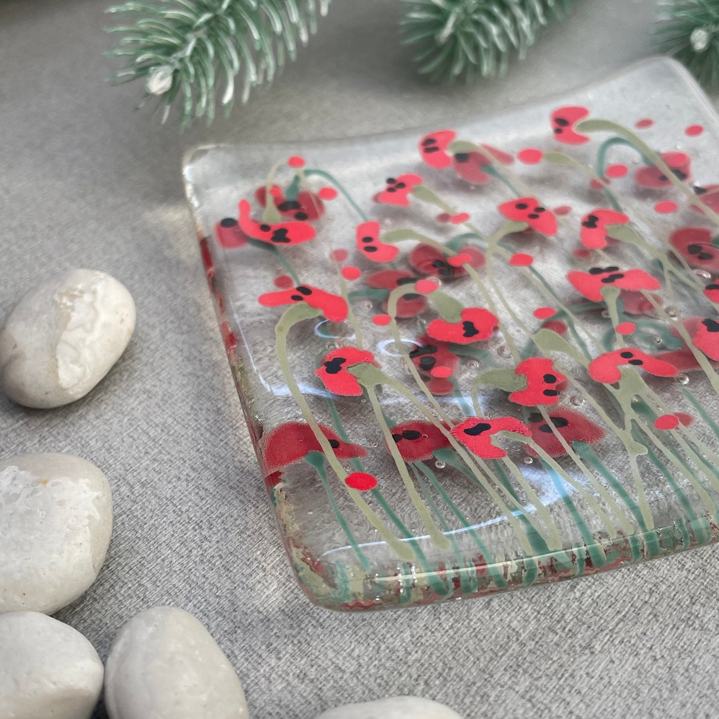 Fused glass hand painted poppy field dish ~ clear - large