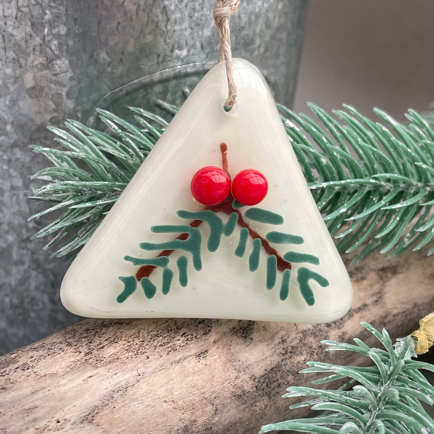Fused glass Christmas tree decoration ~ Yew Berry Triangle