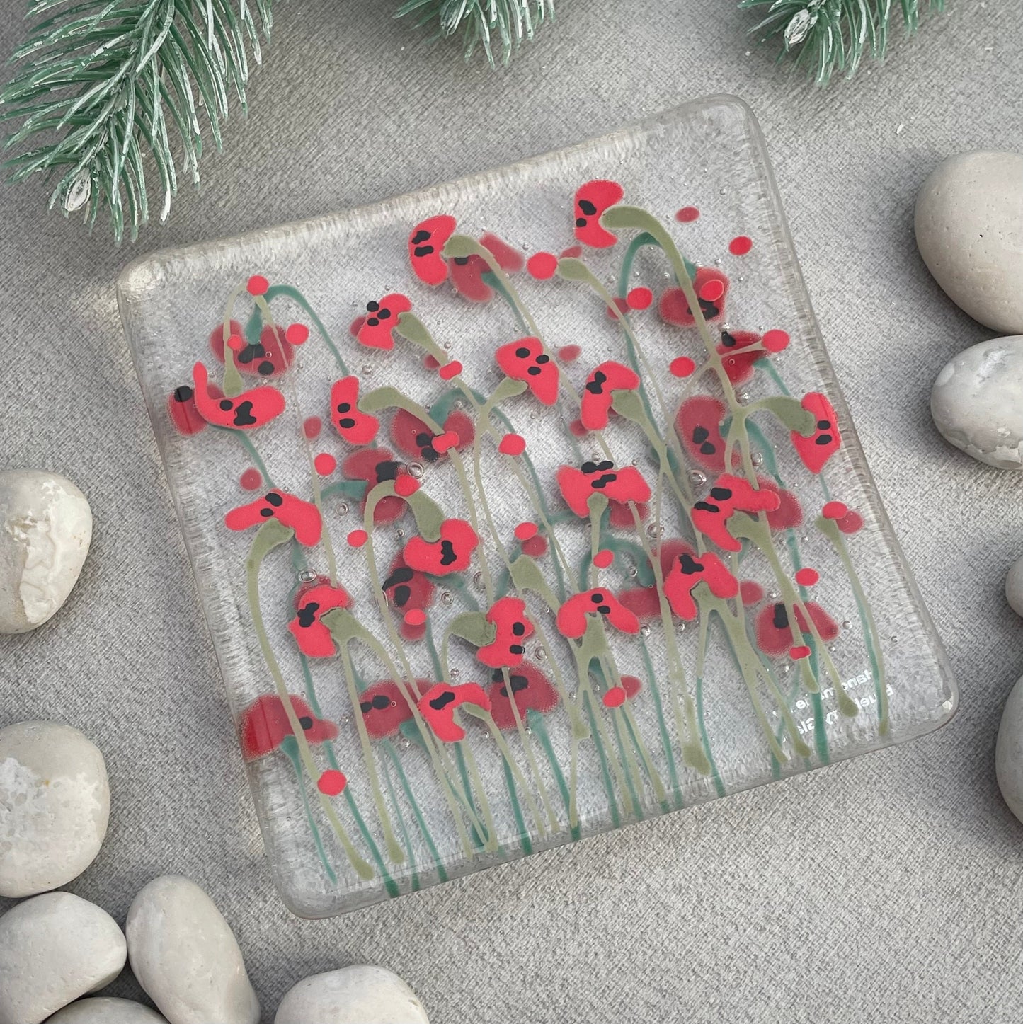 Fused glass hand painted poppy field dish ~ clear - large