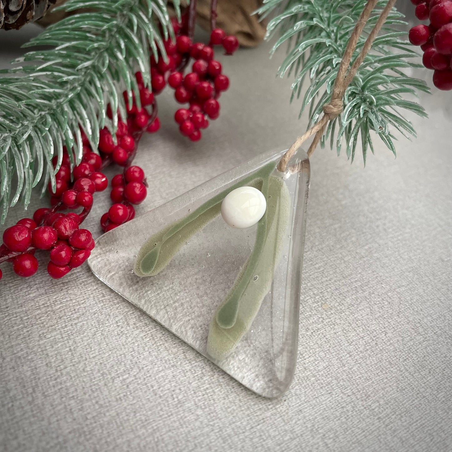 Fused glass Christmas tree decoration ~  Mistletoe Triangle - clear