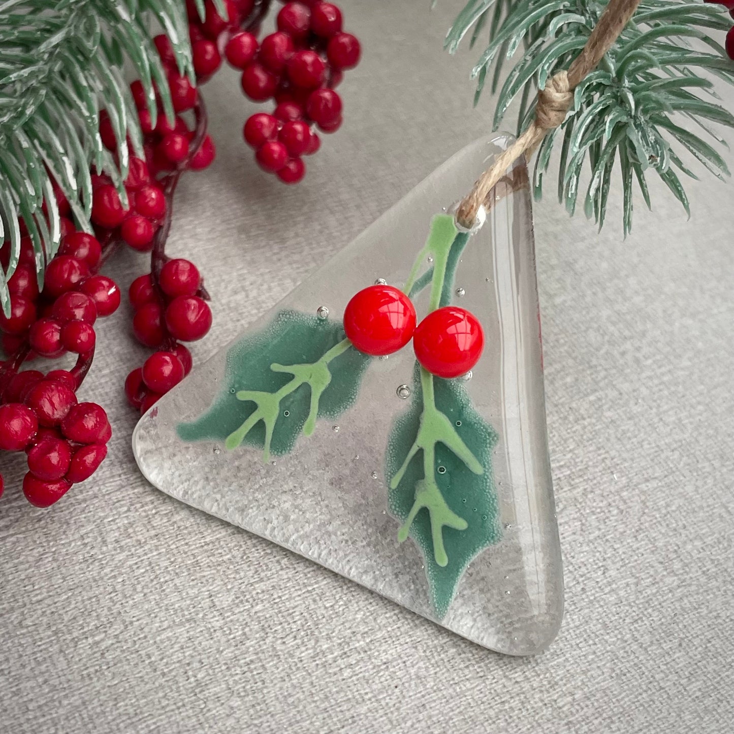 Fused glass Christmas tree decoration ~  Holly Berry Triangle - clear