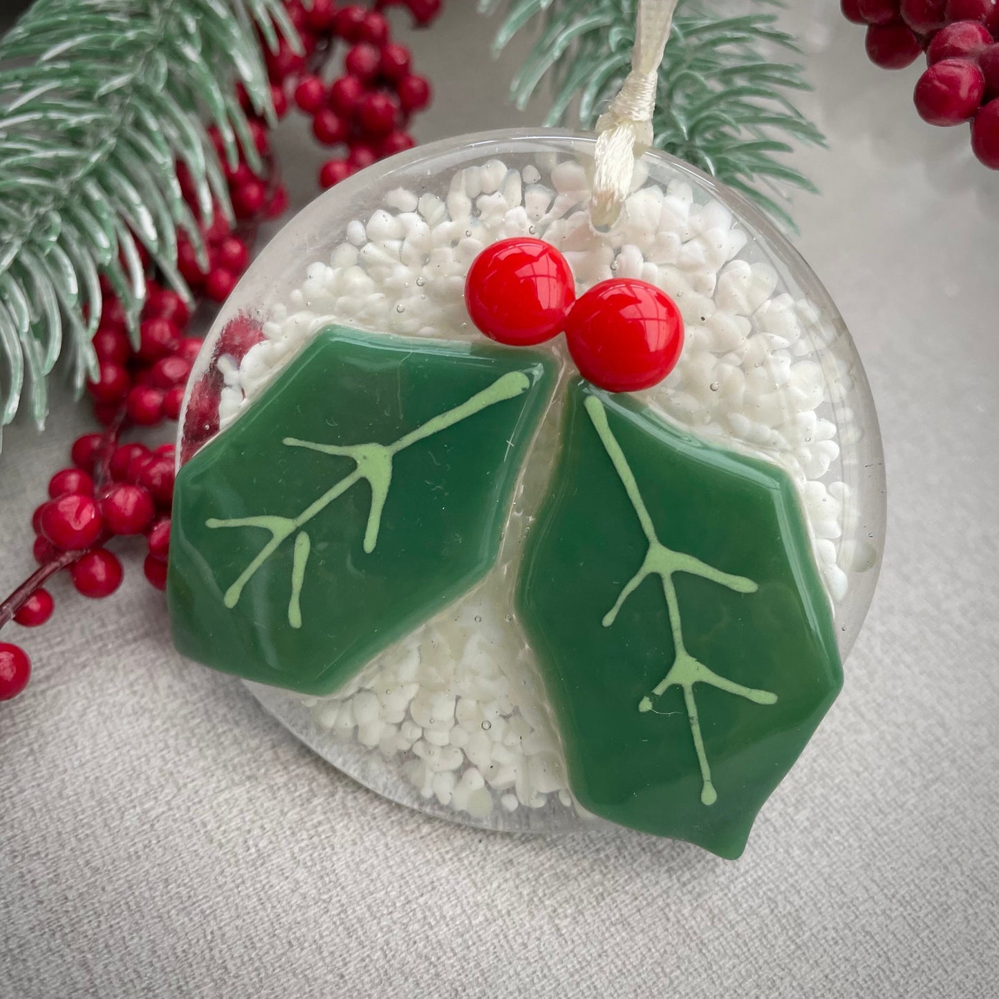 Fused glass Christmas Holly Sprig decoration