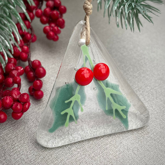 Fused glass Christmas tree decoration ~  Holly Berry Triangle - clear