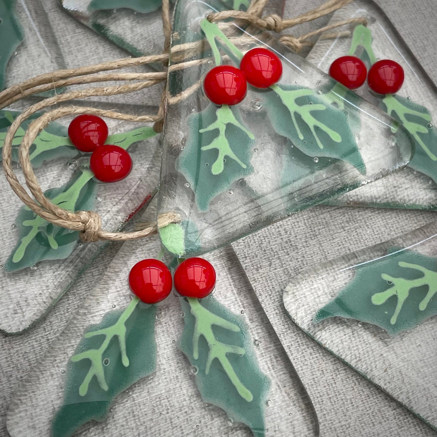 Fused glass Christmas tree decoration ~ Holly Berry Triangle - clear