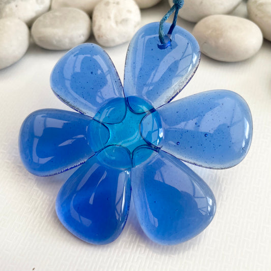 Jelly Flower fused glass suncatcher hanging - Ocean Blue