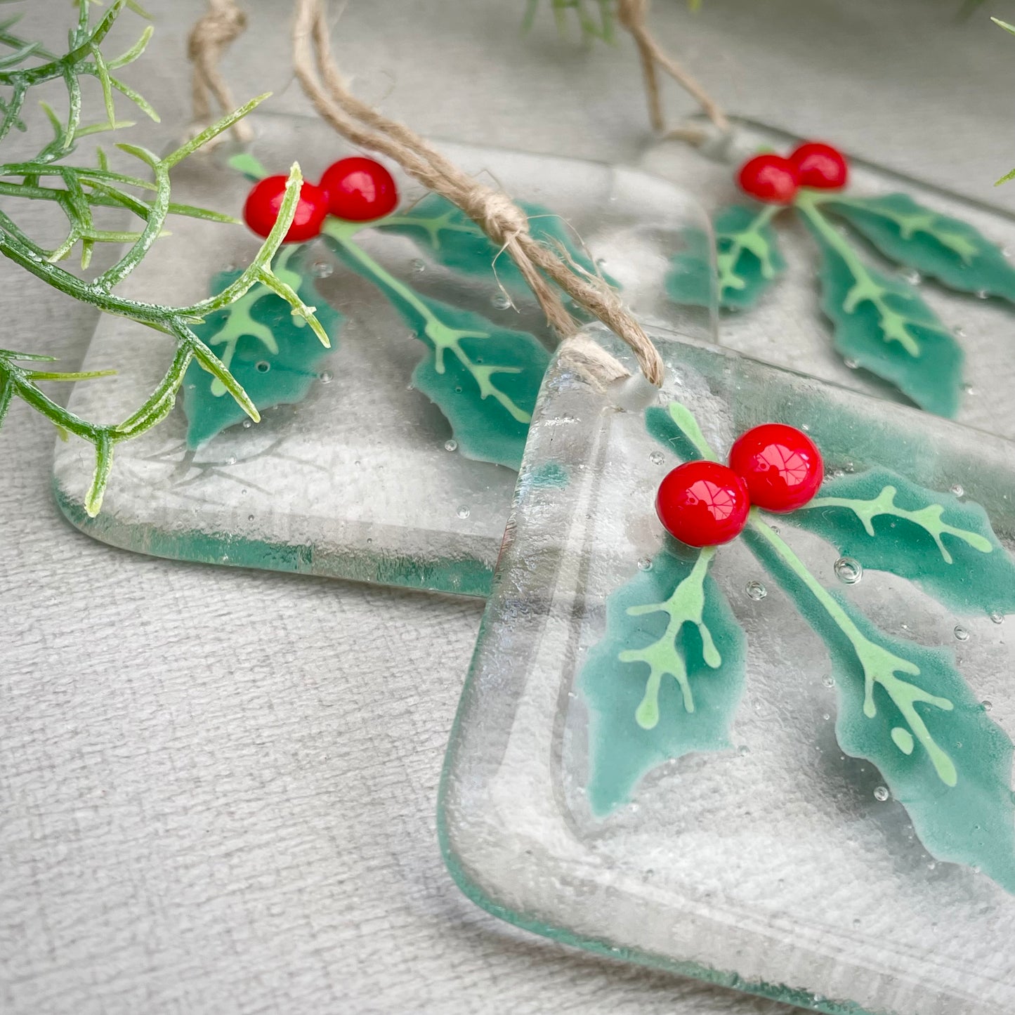 Fused glass Christmas tree decoration ~ Holly