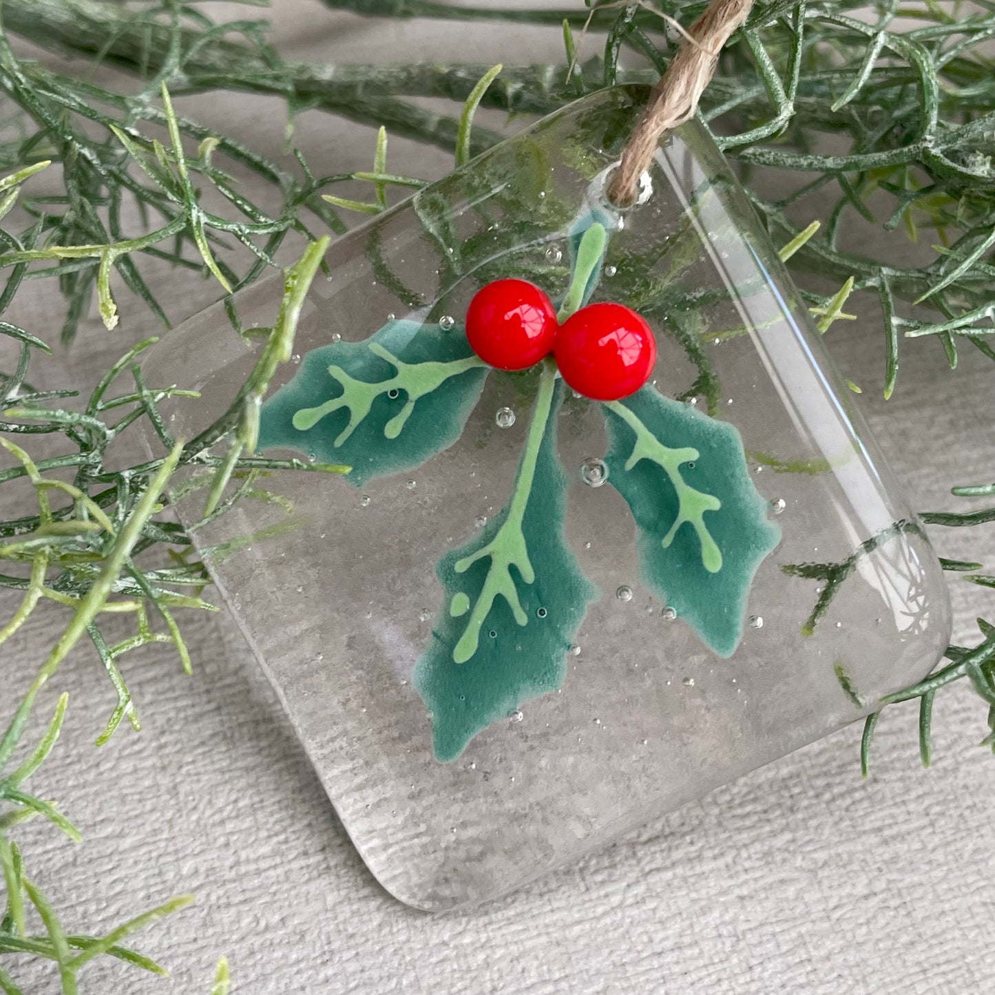 Fused glass Christmas tree decoration ~ Holly