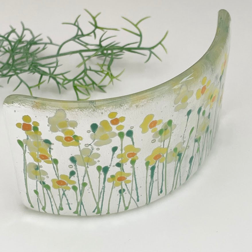 Fused glass hand painted Daffodils ~ mini curve