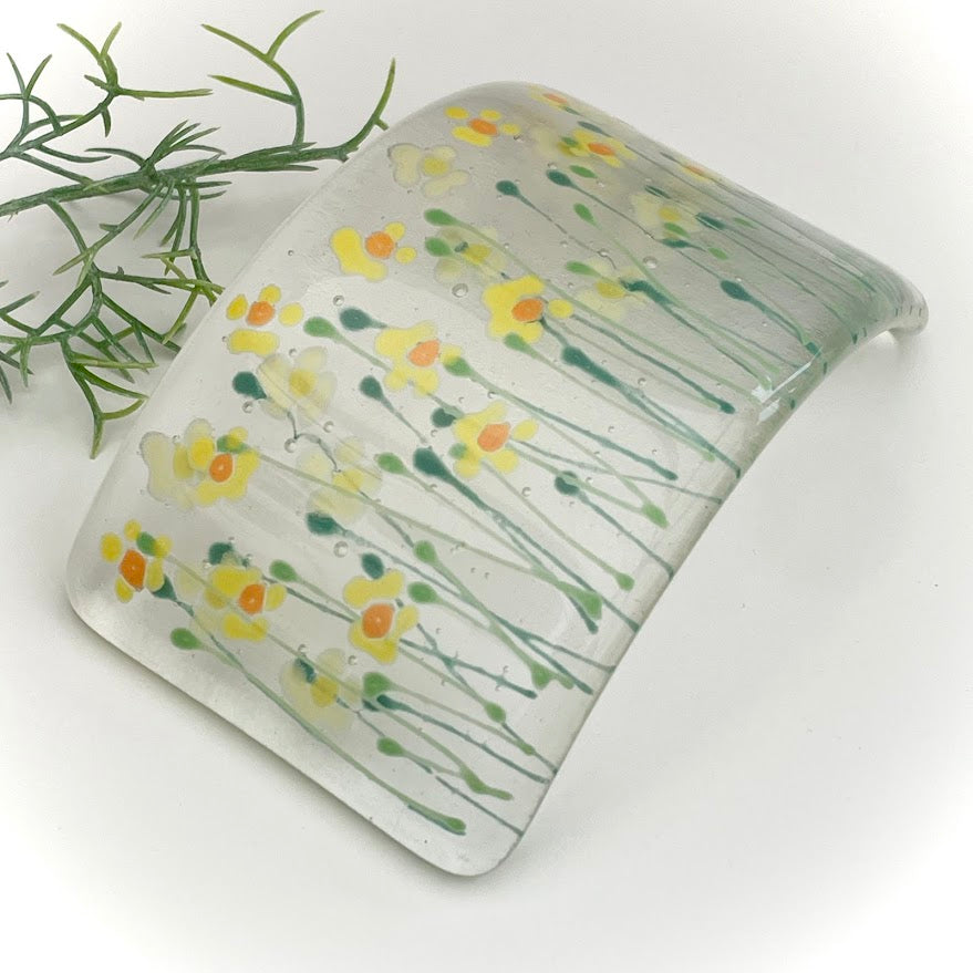 Fused glass hand painted Daffodils ~ mini curve