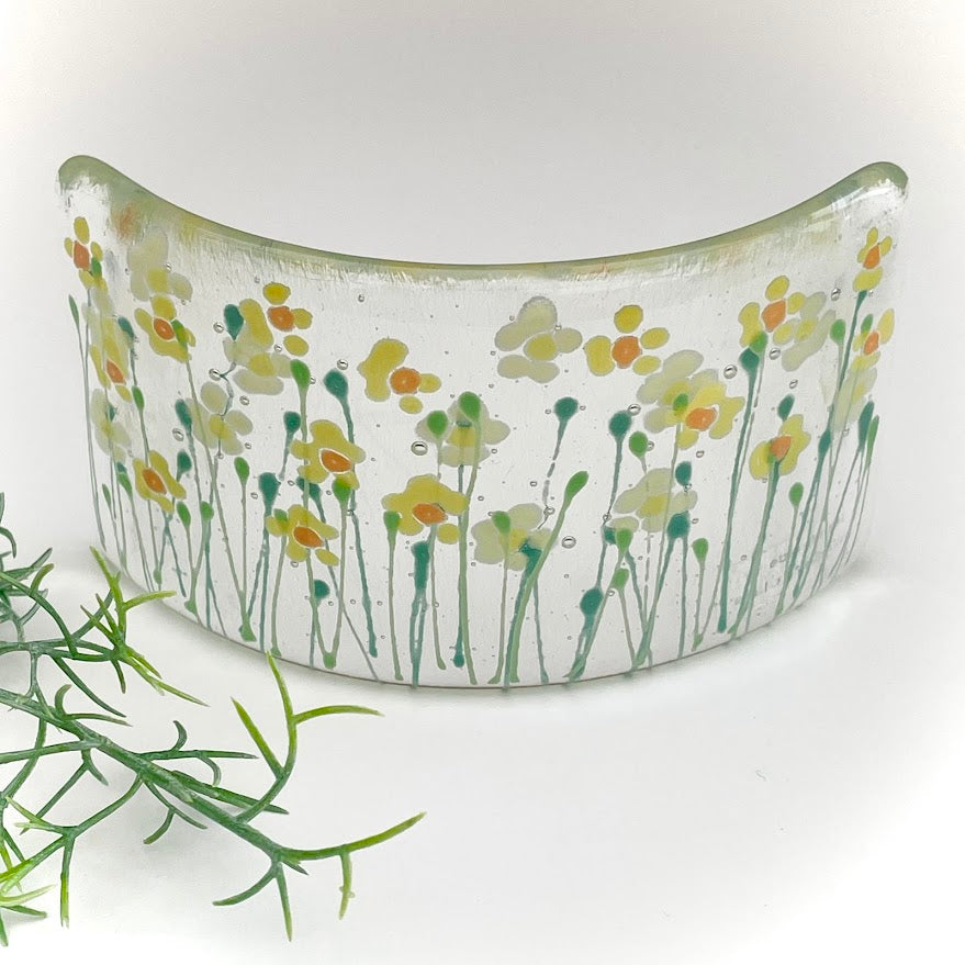Fused glass hand painted Daffodils ~ mini curve