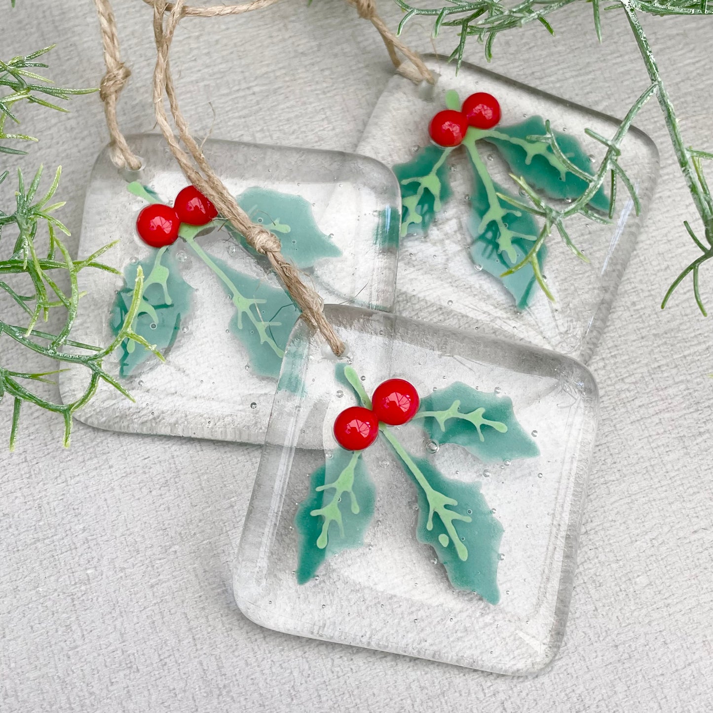 Fused glass Christmas tree decoration ~ Holly