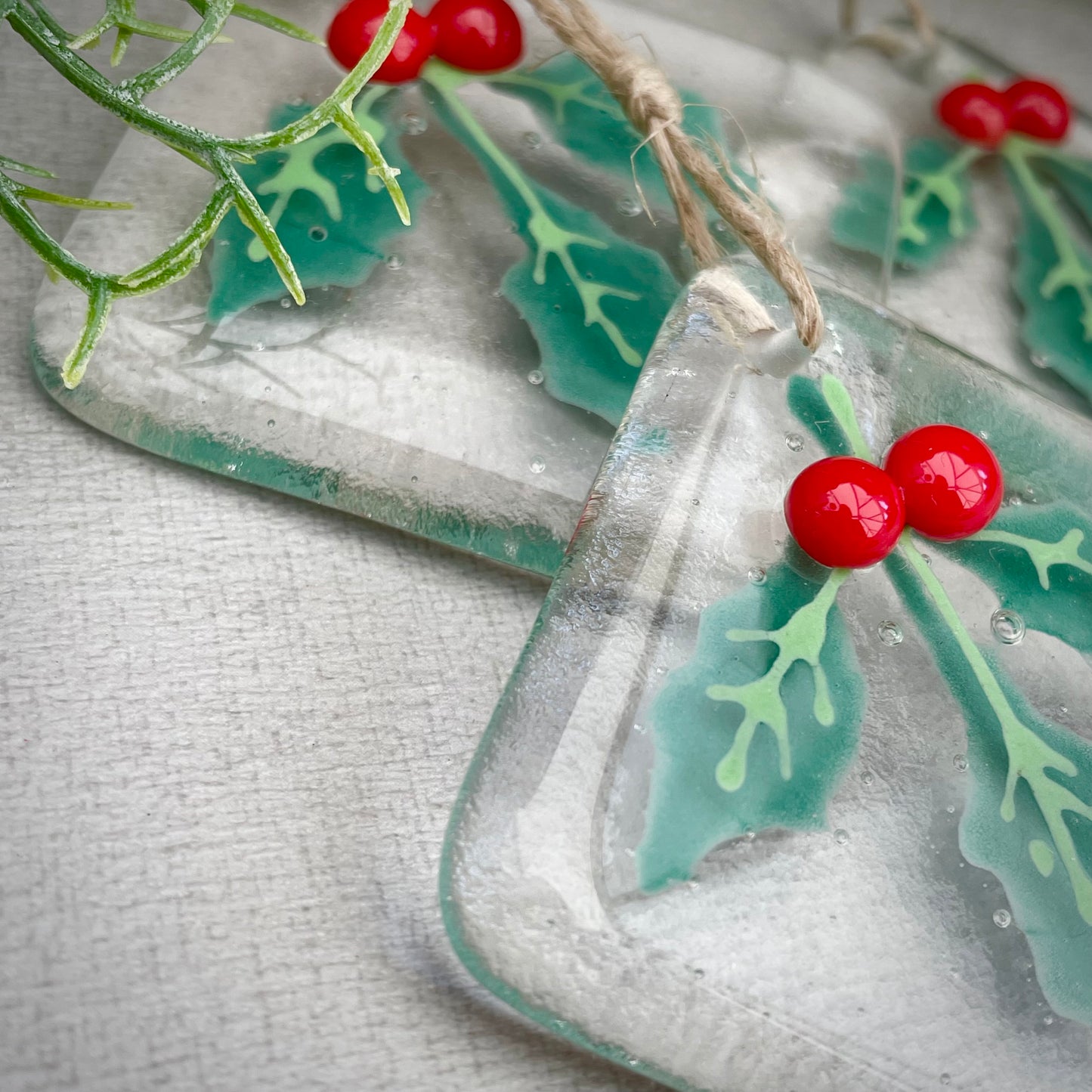 Fused glass Christmas tree decoration ~ Holly