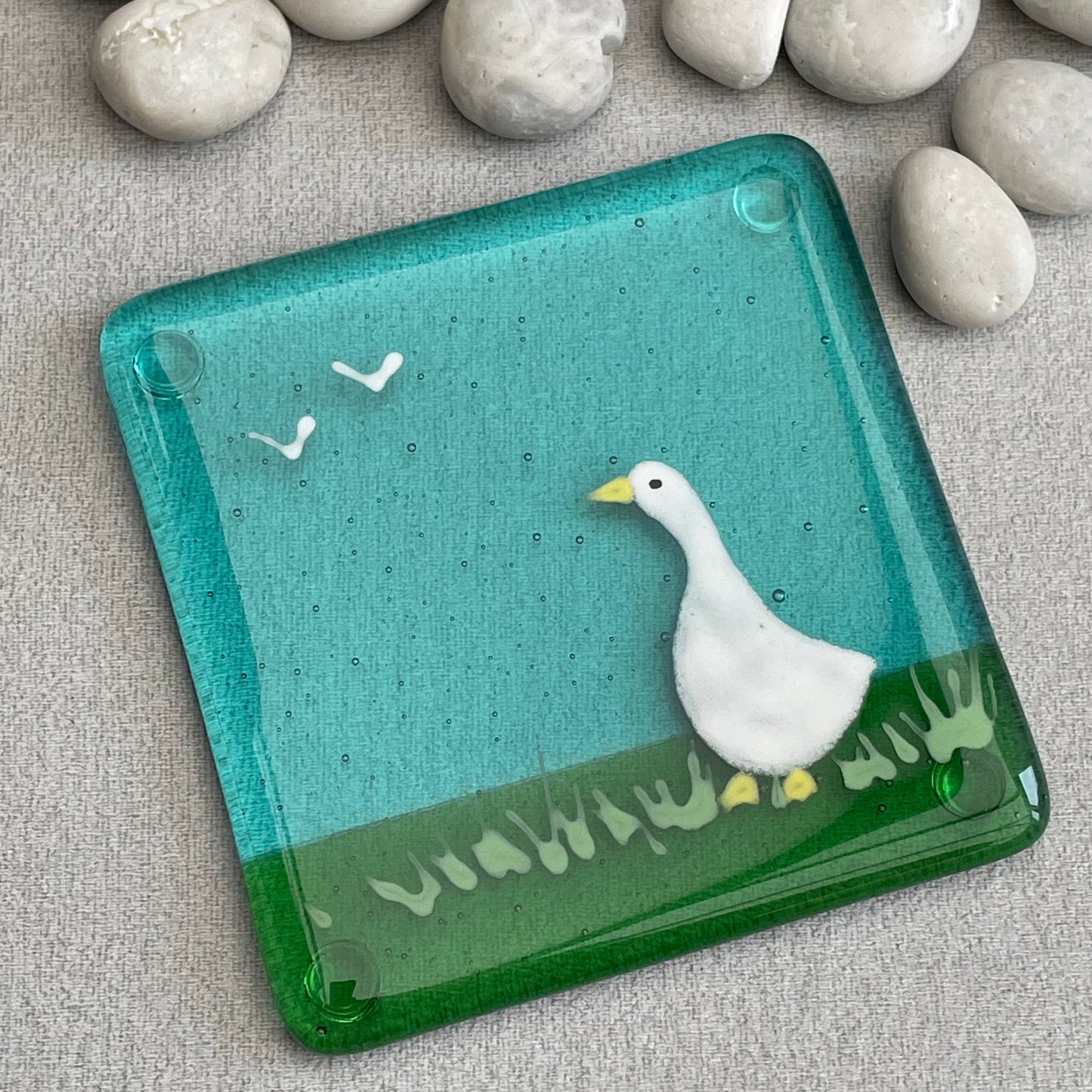 Fused glass hand painted square coaster ~ Goose