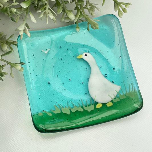 Fused glass hand painted square dish ~ Goose