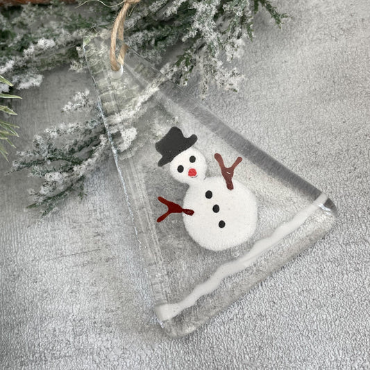 Fused glass Christmas snowman tree decoration - large