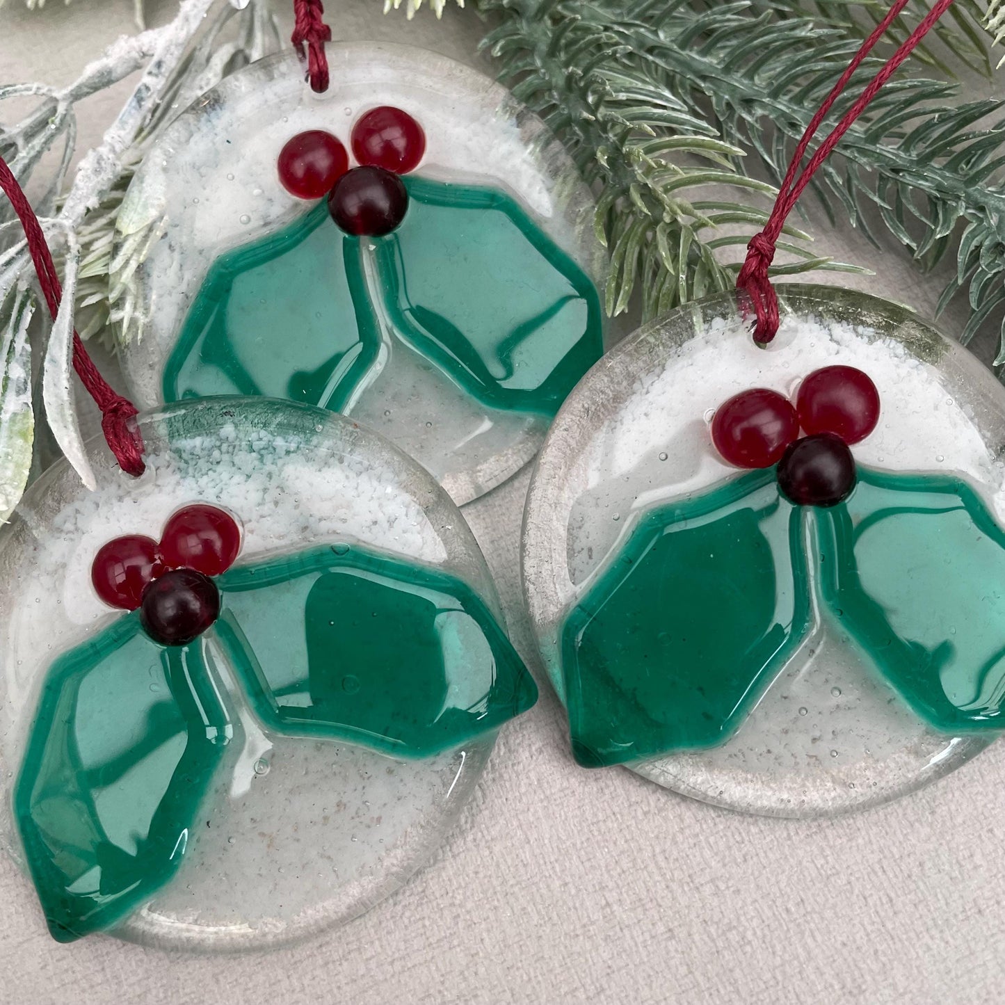 Fused Glass Christmas Tree decoration ~ Holly Bauble ~ made with reclaimed glass