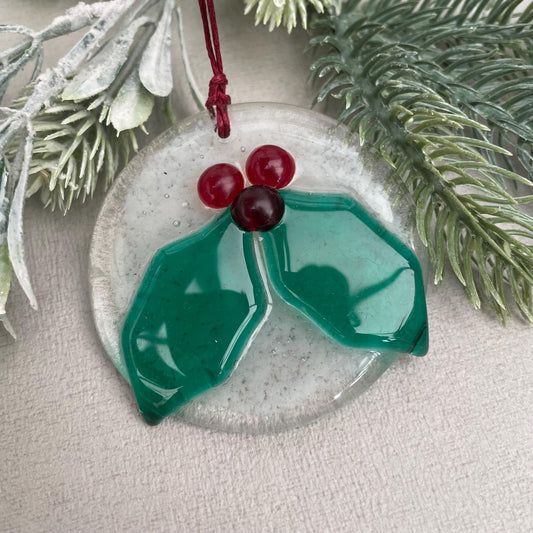 Fused Glass Christmas Tree decoration ~ Holly Bauble ~ made with reclaimed glass