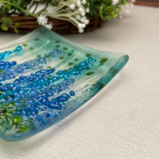Shallow glass dish - Delphiniums