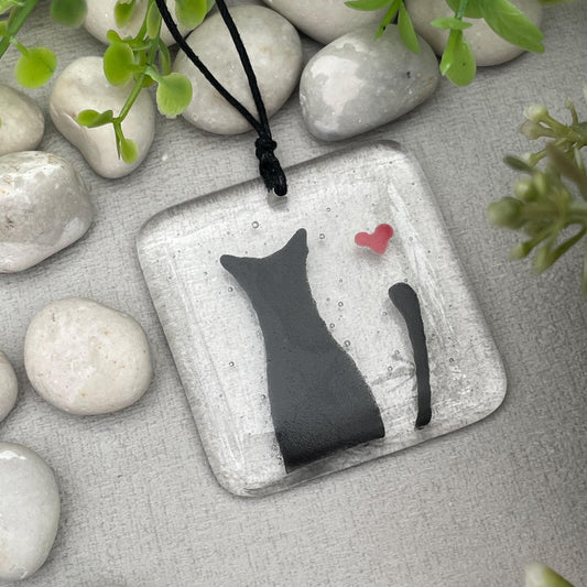 Love Cats - fused glass keepsake token of a black cat and love heart