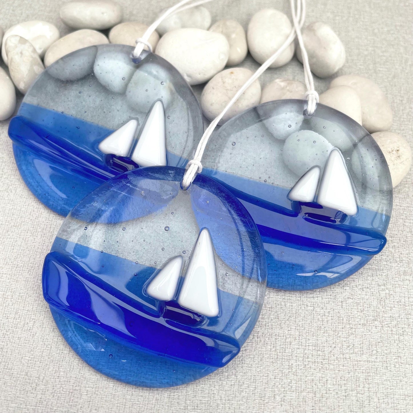 Fused Glass Suncatcher - Sailboat Ocean Blue
