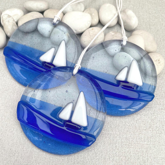 Fused Glass Suncatcher - Sailboat Ocean Blue