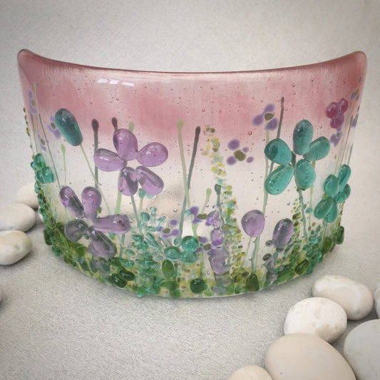 Fused glass curve in pretty pink and turquoise florals