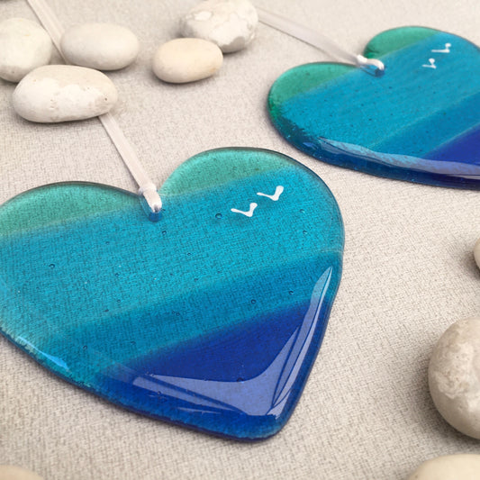 Fused glass blue turquoise seascape heart