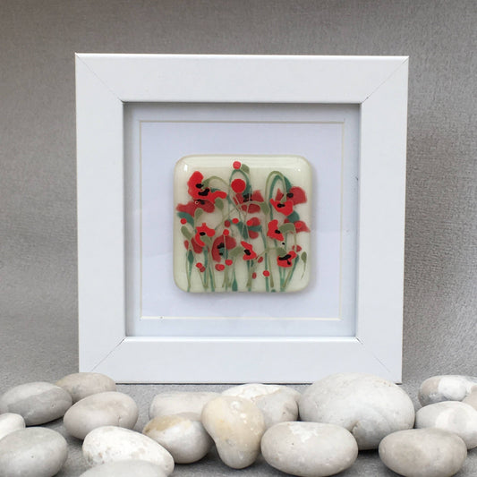 Fused glass hand painted poppy field mini frame picture tile