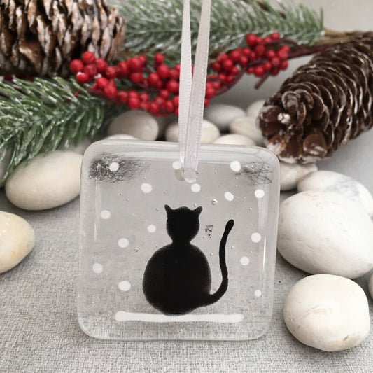 Fused glass Christmas tree decoration ~ Snow cat