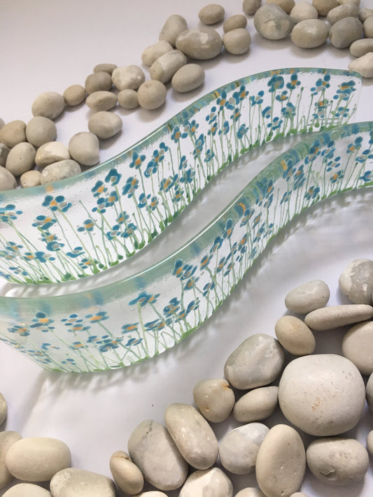 Fused glass hand painted Forget Me Not floral Curve