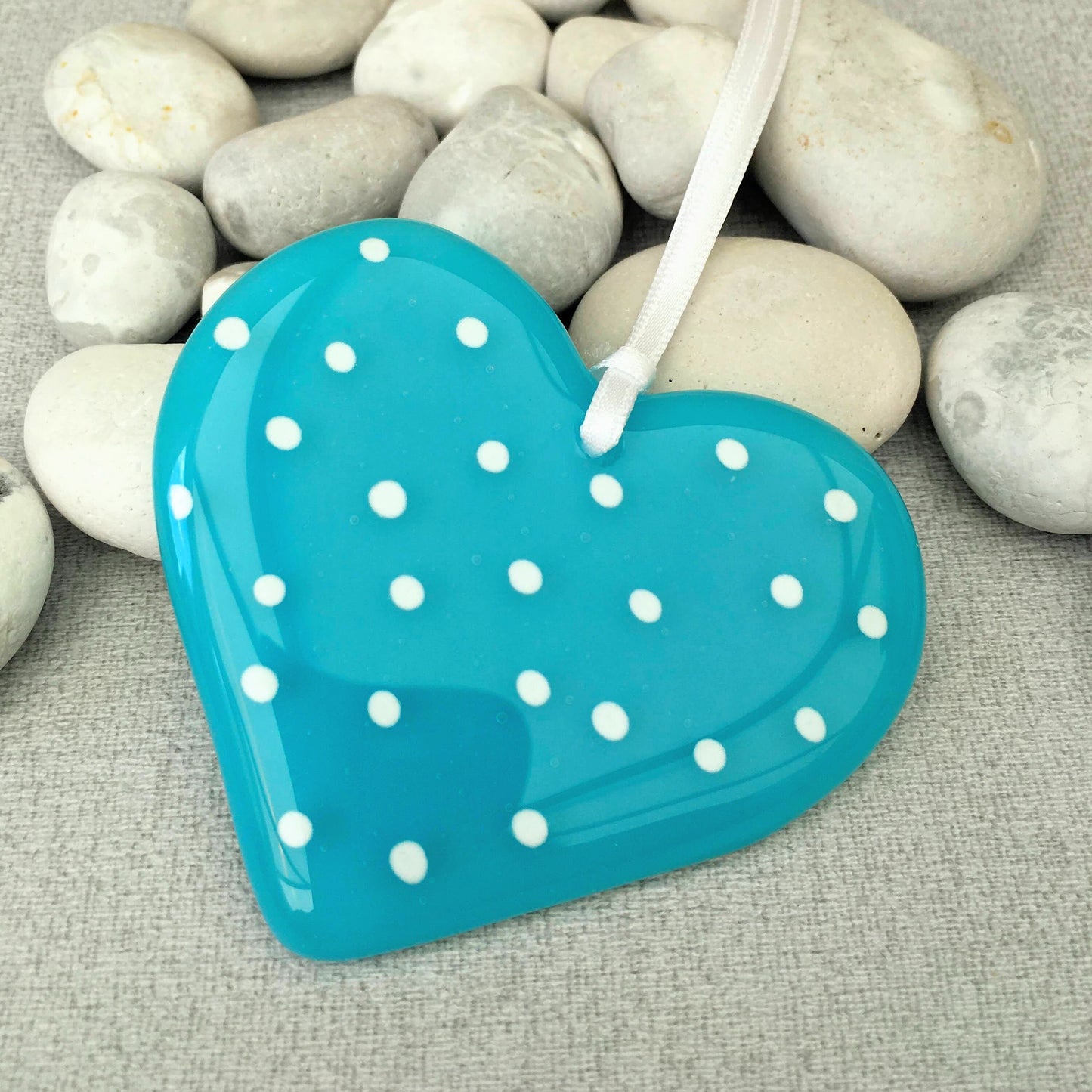 Fused Glass Spotty Heart ~ Aqua