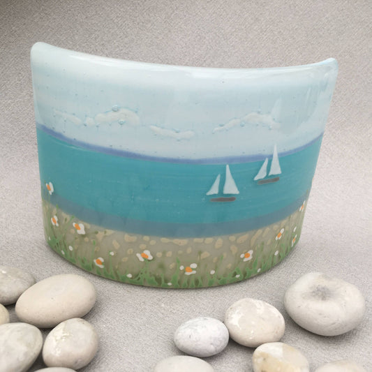 Sea Breeze ~ hand painted fused glass curve ocean yachts and shoreline