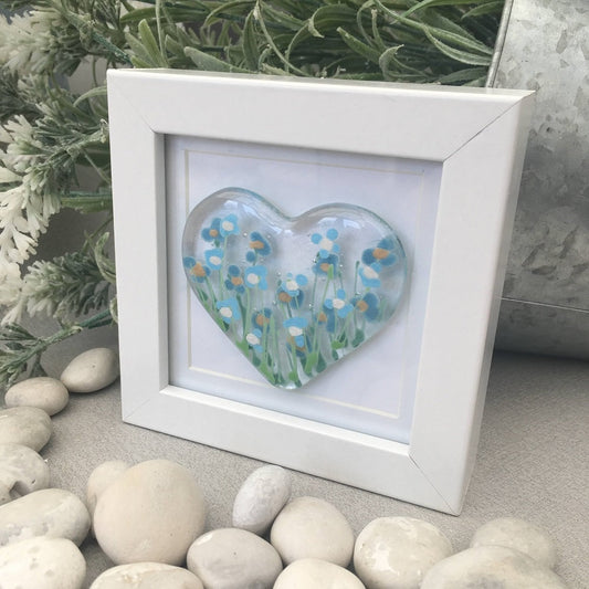 Fused glass hand painted forget-me-not heart mini frame picture