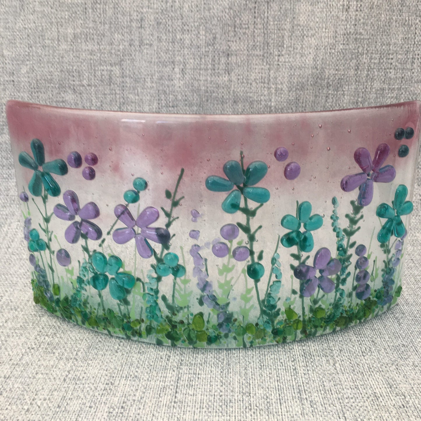 Fused glass free standing floral curve in sweet pink and turquoise 1/2