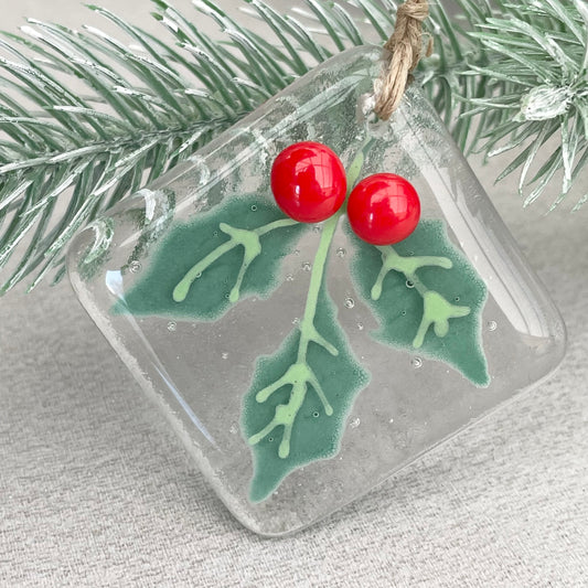 Fused glass Christmas tree decoration ~ Holly