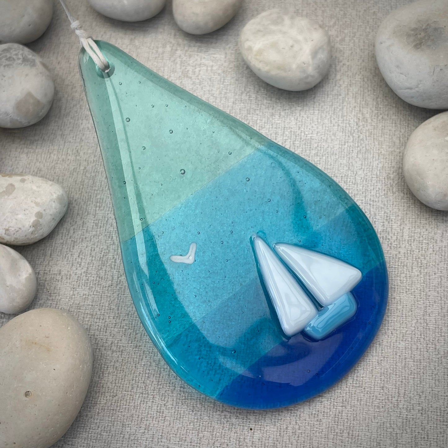 A Drop in the Ocean ~ Fused glass blue turquoise seascape teardrop window hanger