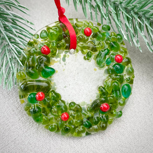 Fused glass mini Christmas Wreath ~ made with reclaimed glass