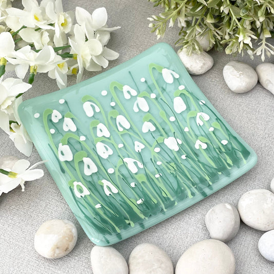 Fused glass hand painted Snowdrop  floral dish ~ mint