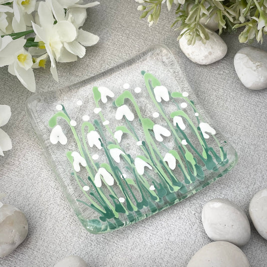 Fused glass hand painted Snowdrop  floral dish ~ clear