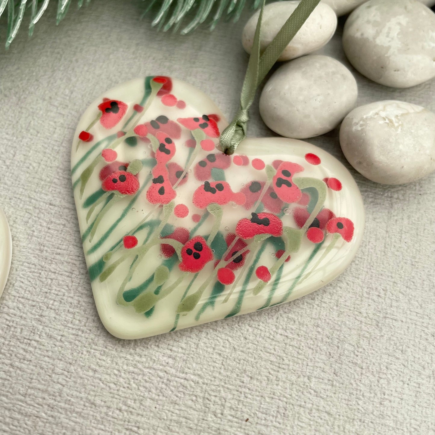 Fused glass hand painted Poppies heart ~ small