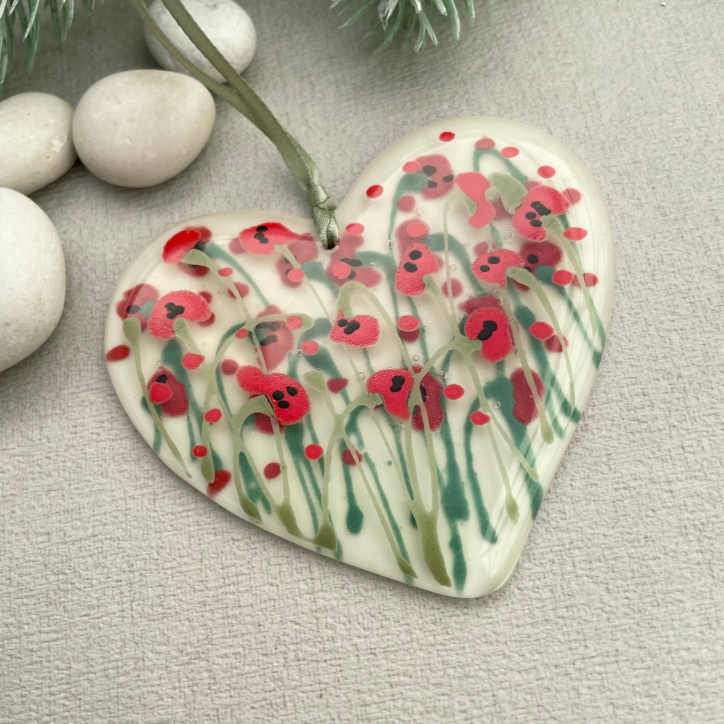 Fused glass hand painted Poppies heart ~ large