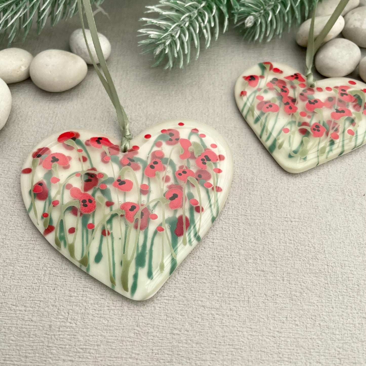 Fused glass hand painted Poppies heart ~ large