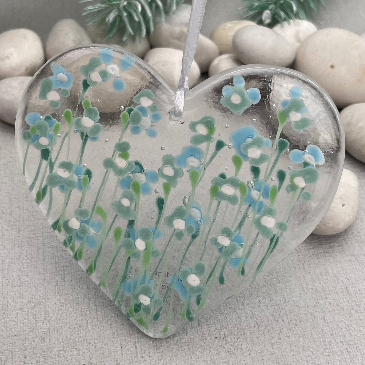 Fused glass hand painted Forget me not heart eau de nil ~ large