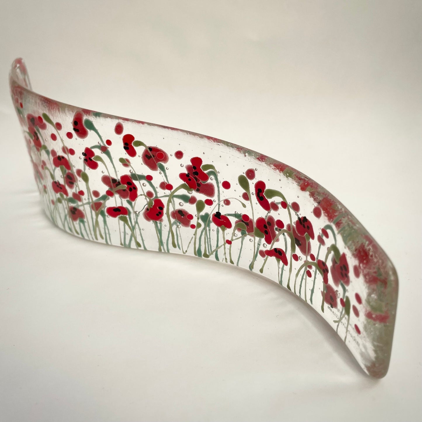 Fused glass hand painted S shaped   curve ~ Poppies
