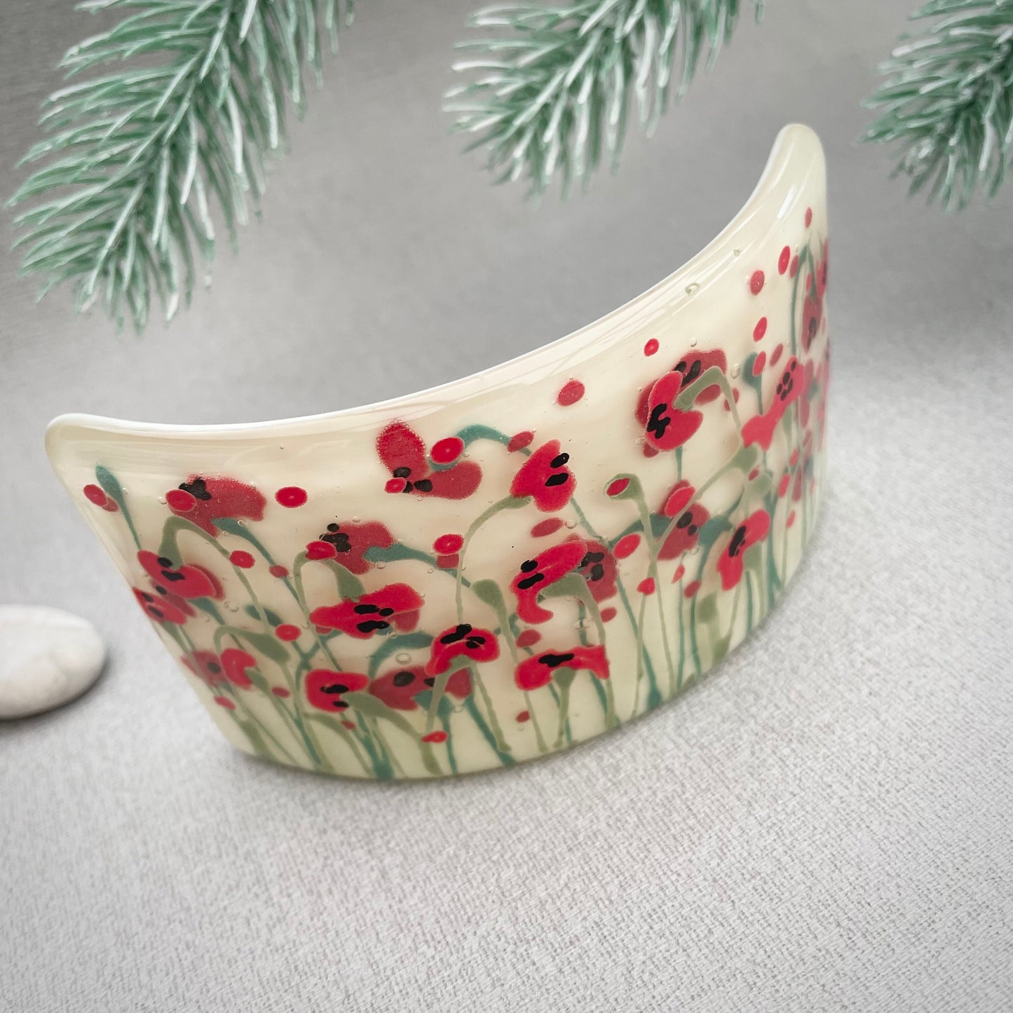 Fused glass hand painted Poppies Mini Curve ~  Cream