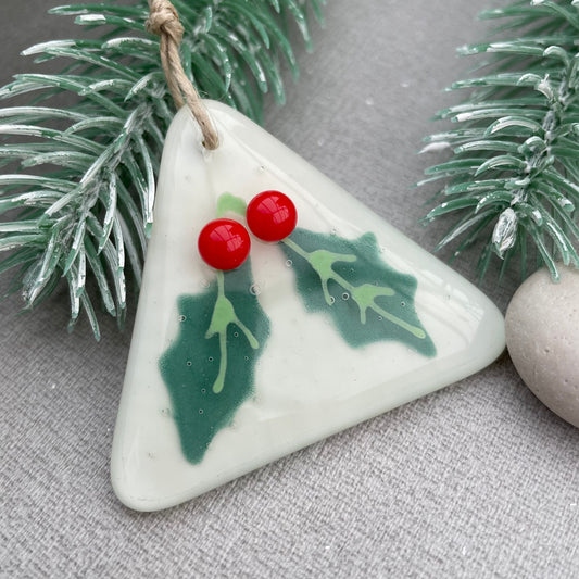 Fused glass Christmas tree decoration ~  Holly Berry Triangle