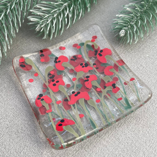 Fused glass hand painted poppy field dish ~ clear