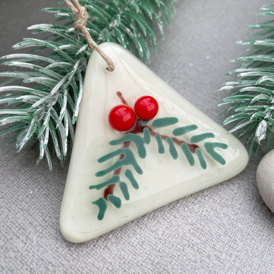 Fused glass Christmas tree decoration ~  Yew Berry Triangle